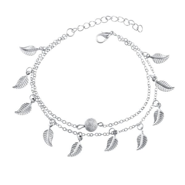 Silver-Plated Leaf Station Layered Anklet Fashion