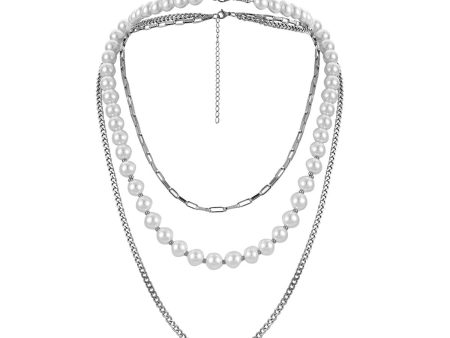 Pearl & Silver-Plated Chain Layered Necklace Set Online Sale