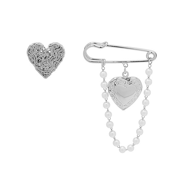 Pearl & Silver-Plated Chain Heart Brooch - Set Of Two on Sale