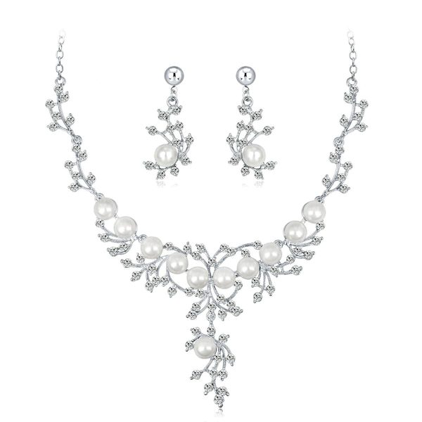 Pearl & Cubic Zirconia Branch Statement Necklace Set For Discount