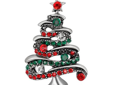 Red Cubic Zirconia & Silver-Plated Christmas Tree Brooch Online Hot Sale