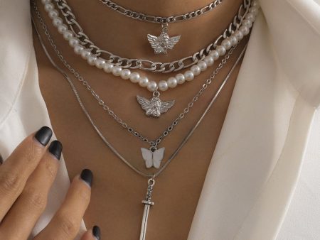 Pearl & Shell Angel Butterfly Pendant Necklace Set For Sale