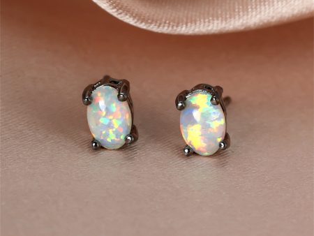 White Opal & Black-Tone Oval Stud Earrings Fashion