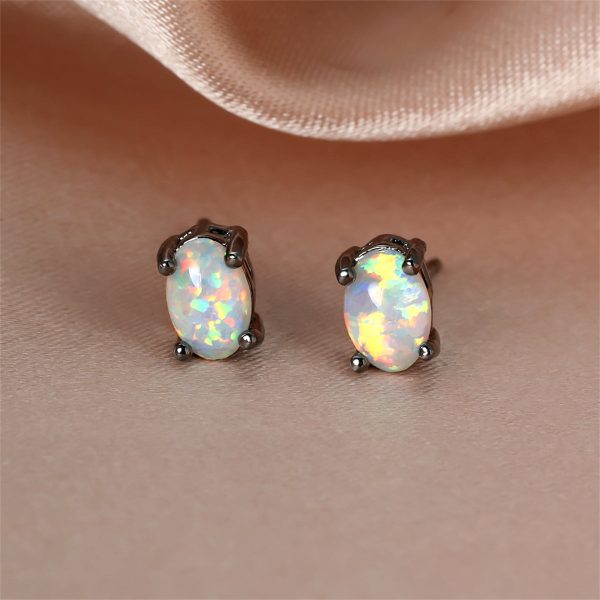 White Opal & Black-Tone Oval Stud Earrings Fashion