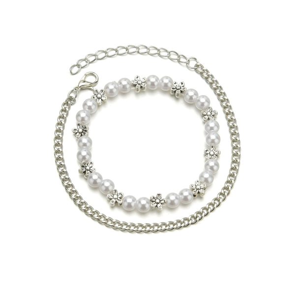 Pearl & Silver-Plated Floral Stretch Bracelet Set For Sale