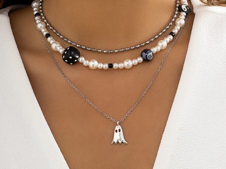 Pearl & Acrylic Silver-Plated Ghost Pendant Necklace Set For Sale