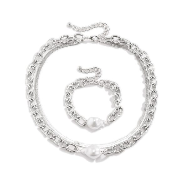 Pearl & Silver Plated Snake Chain Necklace & Bracelet Fashion