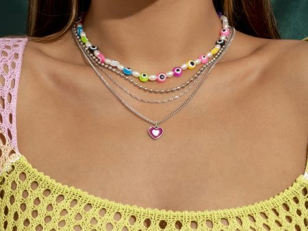 Pearl & Vibrant Acrylic Beaded Eye Heart Pendant Necklace Set on Sale