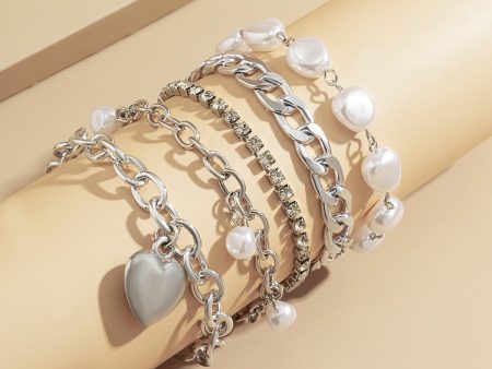 Pearl & Cubic Zirconia Silver-Plated Heart Bracelet Set Online Sale