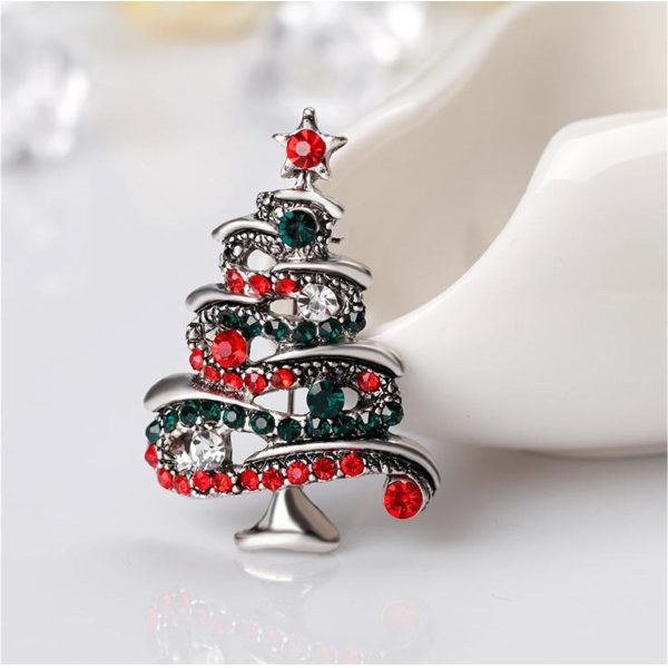 Red Cubic Zirconia & Silver-Plated Christmas Tree Brooch Online Hot Sale