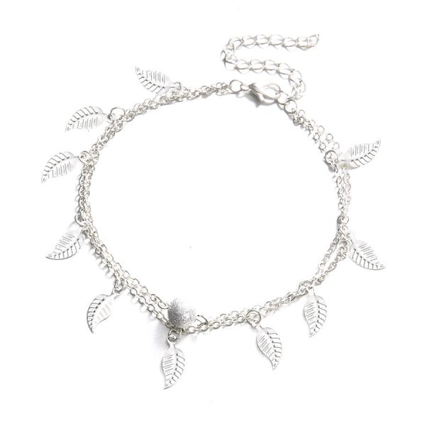 Silver-Plated Leaf Station Layered Anklet Fashion