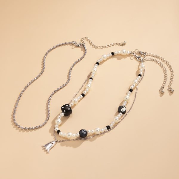 Pearl & Acrylic Silver-Plated Ghost Pendant Necklace Set For Sale