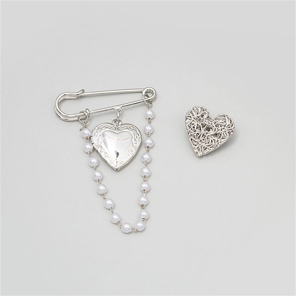 Pearl & Silver-Plated Chain Heart Brooch - Set Of Two on Sale